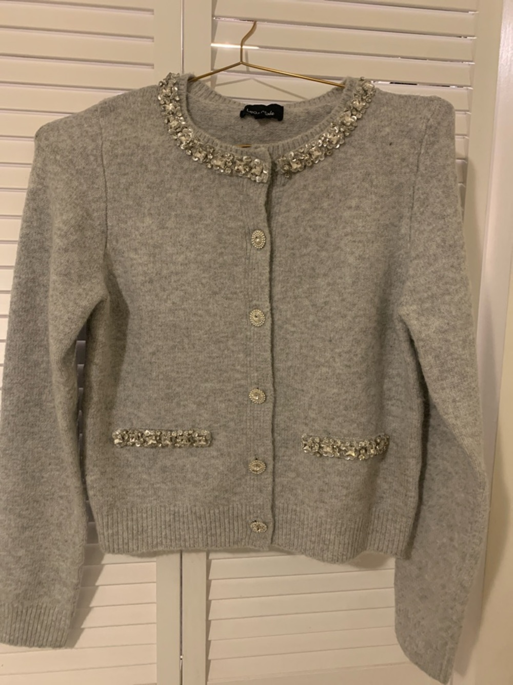 Embellished Crewneck Gray Cardigan